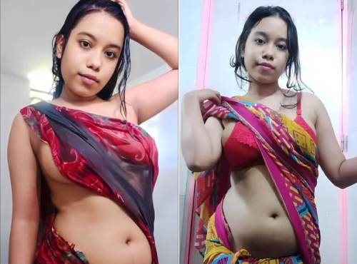 Girlfriend in transparent saree showing firm boobs